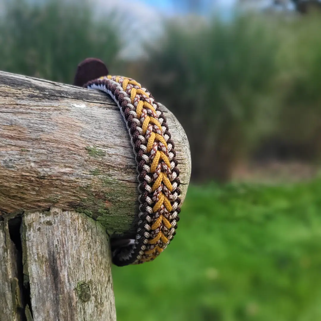 Bruine en gouden gevlochten halsband op houten hekpost